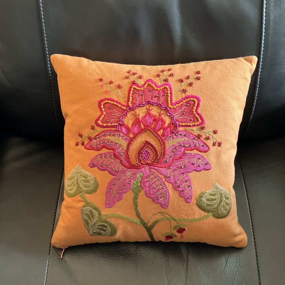 Crate & Barrel Orange Beaded Flower Pillow 12"x12" Boho Whimsical Cottage-Core